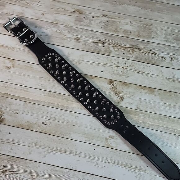 Studded Spiked Dog PU Smooth Black Leather Collar Punk Tough Dog Medium - Picture 3 of 8